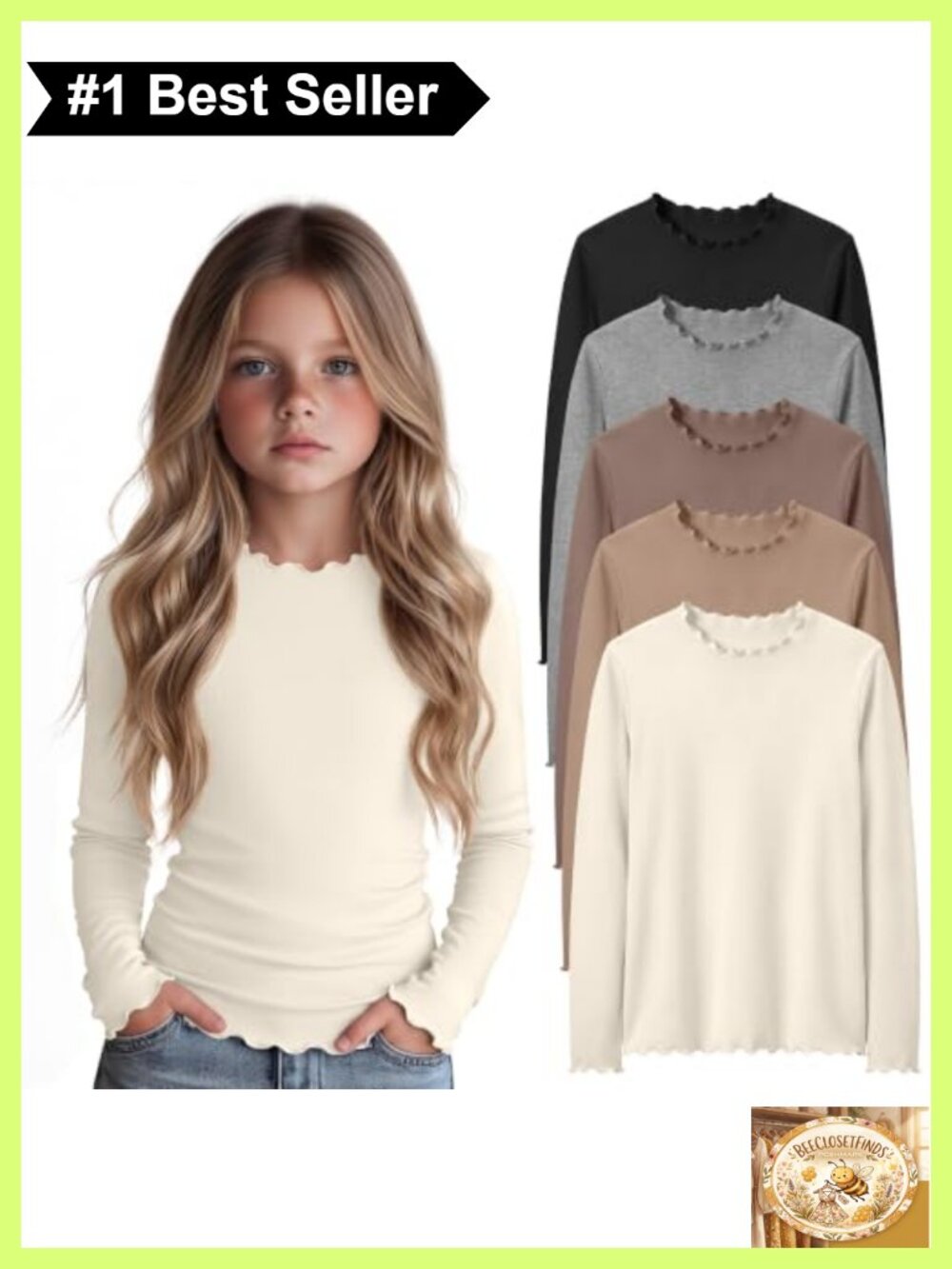 Girls Lettuce Trim Long Sleeve Crew Neck Tee Shirts 5 Pack Soft Stretch